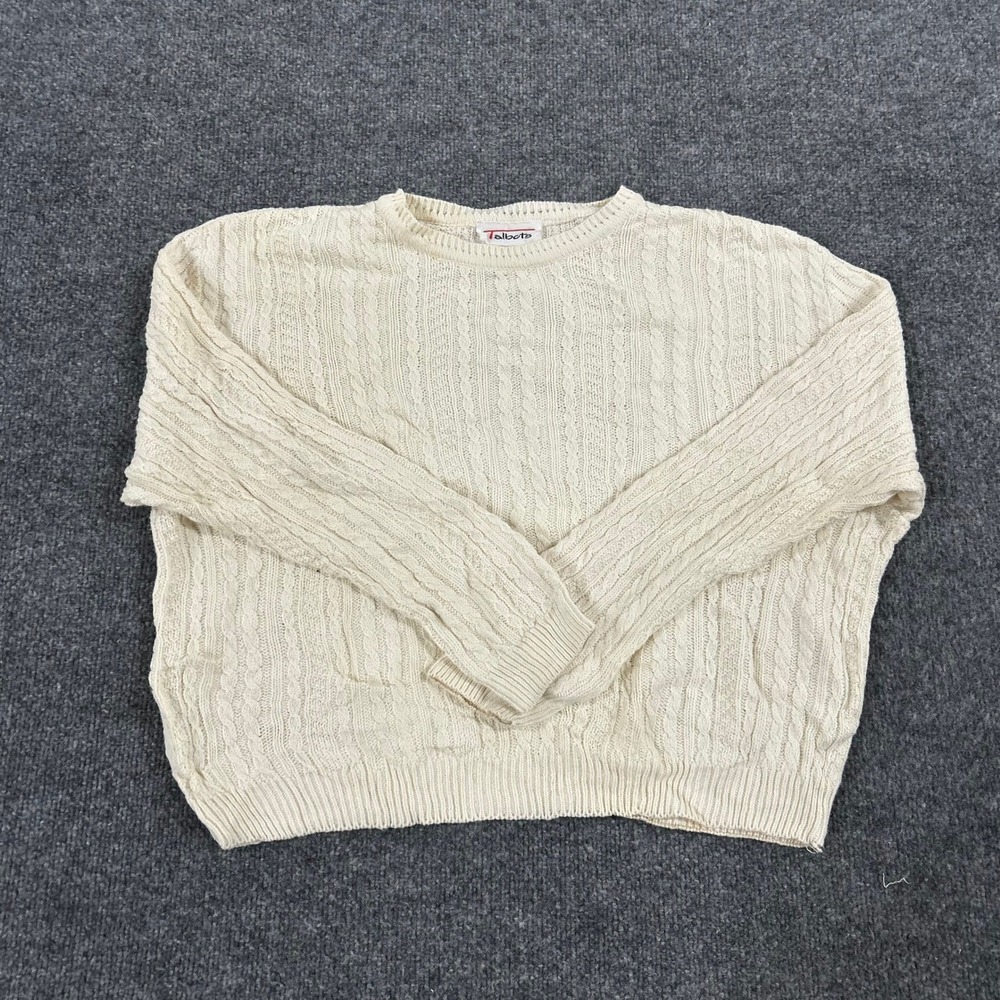 Talbots Sweater Womens Size M Cream Cable Knit Cotton Crew Neck USA Made Vintage